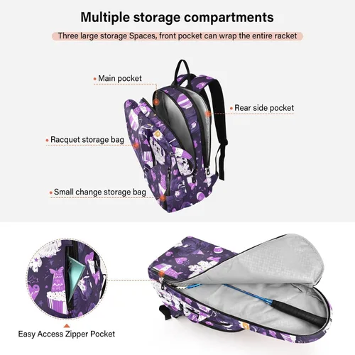 Vista 5 de Women Men Tennis Backpack Large Sturdy Cartoon Cute Purple Birthday Dog 3 Rackets Badminton Shoulder Bag for Women Men para raqueta