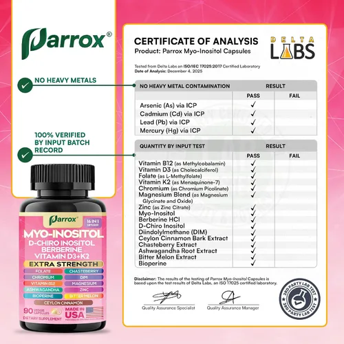 Vista 9 de Suplemento de Myo Inositol, D-Chiro Inositol, Folato, DIM, Vitamina D3, B12, K2, Cromo, Bioperina, Canela de Ceilán, Zinc, Ashwagandha, Agracejo