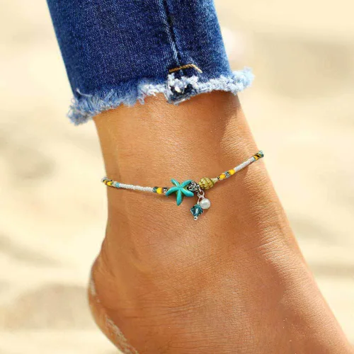Vista 5 de Tobilleras de cadena de estrellas de mar, tobilleras para pies de playa, para mujeres y niñas