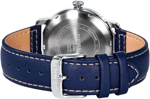 Vista 5 de BERNY Reloj mecánico automático para hombre, correa de cuero de cuerda automática, reloj de pulsera clásico Pilot impermeable, 10ATM, cristal