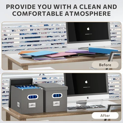 Vista 5 de Caja organizadora de archivos con tapa, juego de 2 cajas de archivos colgantes portátiles, cajas de almacenamiento plegables de lino decorativas