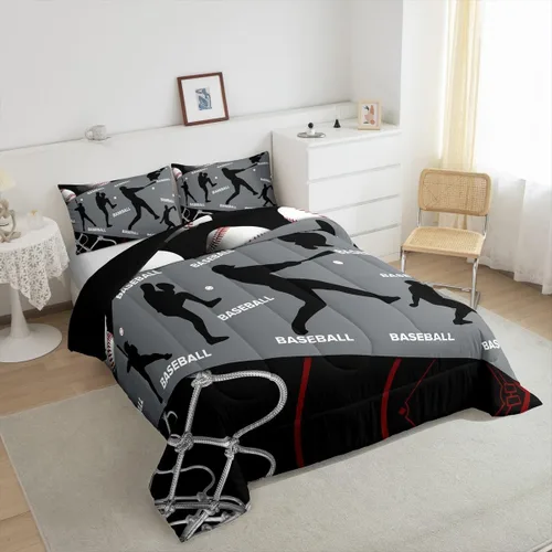 Vista 5 de Erosebridal Juego de edredón de béisbol para adolescentes y jóvenes, juegos de ropa de cama geométricos negros y grises para regalo para niños