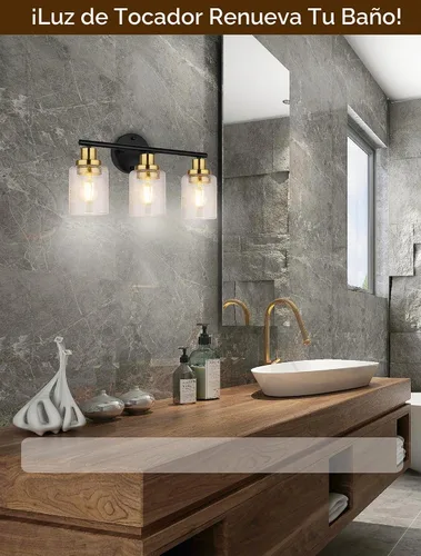 Vista 7 de Ldeco Luces de tocador de 3 luces para baño, lámpara de baño negra y dorada con pantalla de vidrio transparente de burbujas, luces modernas