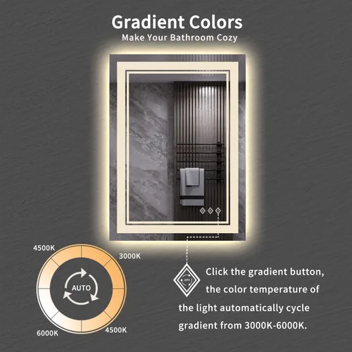 Vista 3 de Espejo LED para baño de 20 x 28 pulgadas con frente degradado y luz LED, espejo retroiluminado para baño, 3 colores, CRI > 90, espejo de baño