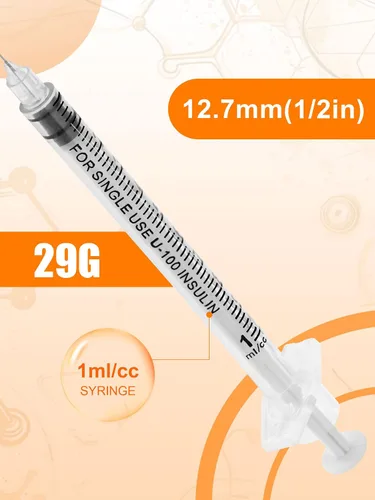 Vista 3 de Jeringas de 0.0 fl oz 29G 1/2" 0.512 in U-100 Jeringa de laboratorio desechable con tapa, paquete de 20 Calibre 29 de 1/2 pulgada, diseño a prueba