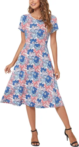 Vista 7 de Urban CoCo Vestido de manga corta para mujer, acampanado, con estampado floral, longitud por debajo de las rodillas # 1