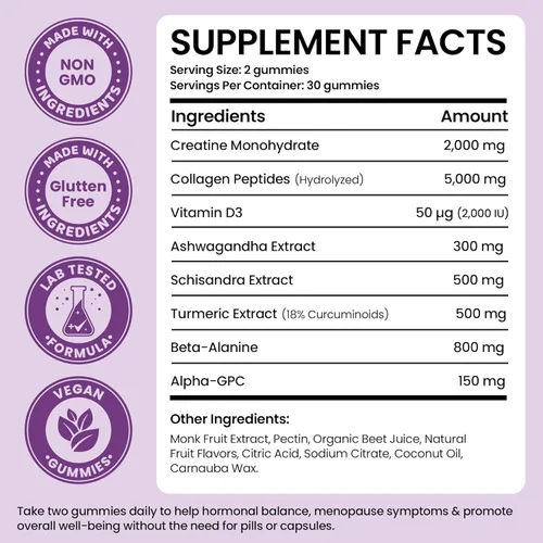 Vista 2 de Suplementos para la menopausia para mujeres Vitaminas gomosas para la menopausia Alivio para sofocos, sudores nocturnos y cambios de humor