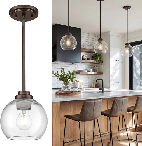 Vista 10 de Luces Colgantes para Isla de Cocina, 7" Luminarias Colgantes Negras y Doradas con Pantalla de Globo de Vidrio Transparente, Iluminación Moderna