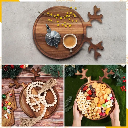 Vista 4 de Umigy 2 Piezas Tablas de Charcutería de Navidad Tabla de Cortar de Madera en Forma de Árbol de Navidad con Mango Cornamenta Madera de Acacia Linda