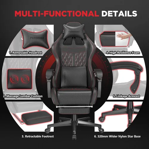 Vista 7 de Ferghana Silla vintage de piel sintética para videojuegos, silla de jugador con respaldo alto con masaje, silla ergonómica de oficina para Negro