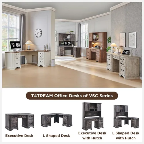 Vista 6 de T4TREAM - Escritorio ejecutivo en forma de L de 59 pulgadas con cajones, escritorio de computadora de madera estilo granja, con estación de carga