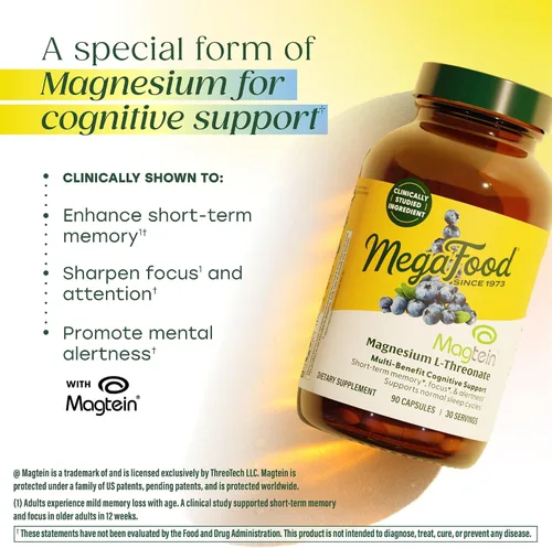 Vista 3 de MegaFood Magtein L-treonato de magnesio – Suplemento de magnesio 2000 mg por porción – Apoya la memoria a corto plazo, concentración, estado