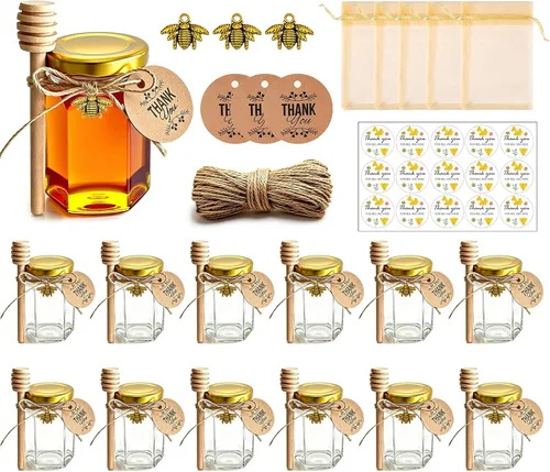 Vista 8 de Adabocute Mini tarros de miel, tarros hexagonales de cristal Hoeny, 1.5 Maceta de miel con cucharas de madera, abalorios de abeja y yutes – pequeños