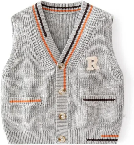 Vista 12 de Chaleco de suéter unisex para bebé con cuello en V y mangas sin costuras de algodón suave Cárdigan Oso Albaricoque