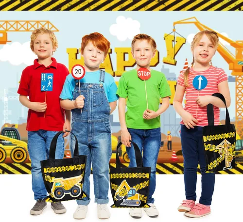 Vista 5 de Photect 24 piezas de bolsas de regalo para fiesta de construcción temática de construcción, bolsa de camión volquete no tejida mini con asas