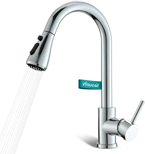 Vista 10 de VFAUOSIT - Grifo de cocina con rociador extraíble, grifo de fregadero de cocina sin plomo, níquel cepillado, acero inoxidable, arco alto, extracción