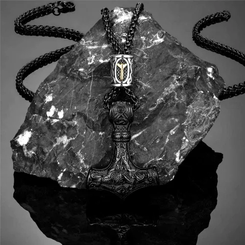 Vista 3 de 1988HUYHOAT - Collar de cuentas de runas nórdicas chapadas en oro para hombre colgante Mjolnir de acero inoxidable amuleto vikingo joyería masculina