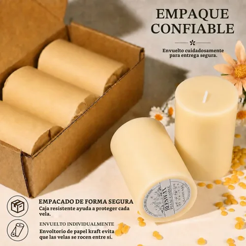 Vista 9 de Paquete de 3 velas de cera de abeja en forma de pilar, velas de cera de abeja blanco marfil - 105 horas de combustión larga, velas de cera de abeja