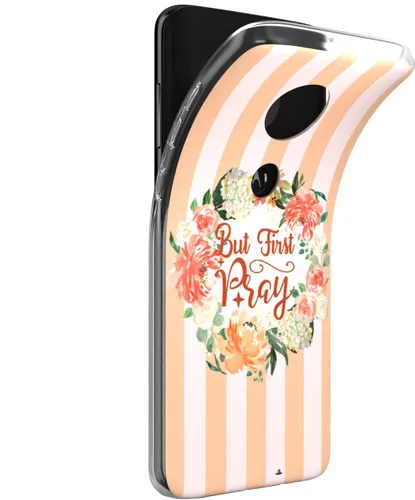 Vista 2 de Mertak Funda para teléfono compatible con Motorola Edge + Moto G9 G8 Plus G7 Play Power Z4 But First Pray Cute Bible Floral Slim Cover Christian