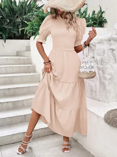 Vista 34 de BTFBM Vestidos para mujer, cuello redondo, casual, de verano, con volantes, manga corta, bohemio, con niveles, fruncido, largo, con estampado floral