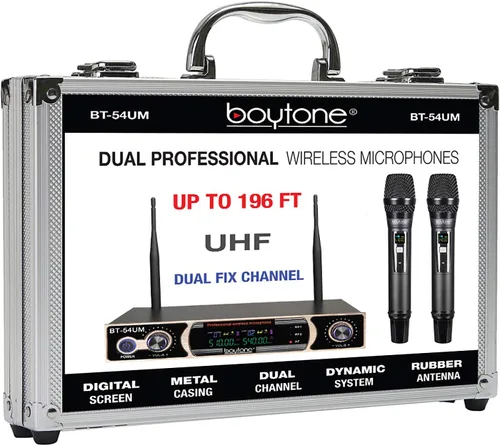 Vista 7 de Boytone Sistema de micrófono inalámbrico UHF dinámico fijo dual, micrófono y base de metal, hasta 260 pies (BT-54UM)