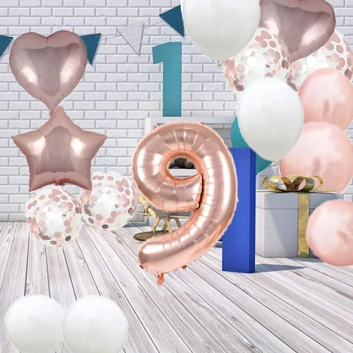 Vista 5 de GLZLMM Globo de 9º cumpleaños, decoraciones de 9º cumpleaños, globos de oro rosa con el número 9, suministros para fiesta de cumpleaños número 9