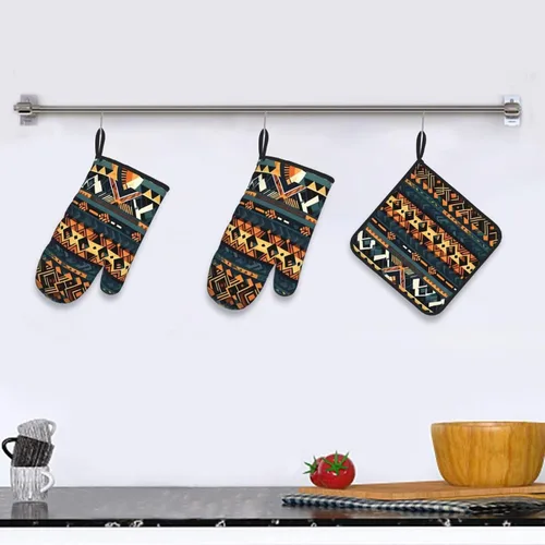 Vista 6 de Juego de guantes de horno y soportes para ollas con textura étnica tribal africana, guantes de cocina y soportes para ollas, juego de 3 piezas