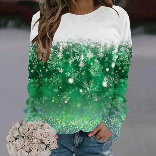 Vista 2 de 2023 Casual Trendy Crewneck Shirts for Women Christmas Sparkly Snowflake Graphic Pullover Tops Comfy Long Sleeve Top