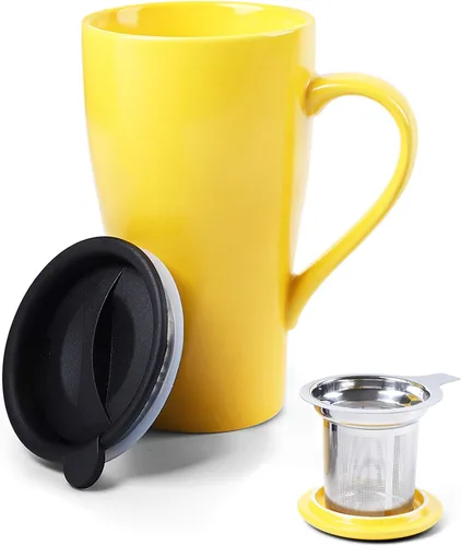 Vista 8 de Taza de té con infusor y 2 tapas, taza infusor de té grande de 18 onzas, taza coladora de té para hojas sueltas, taza de viaje con soporte para Azul