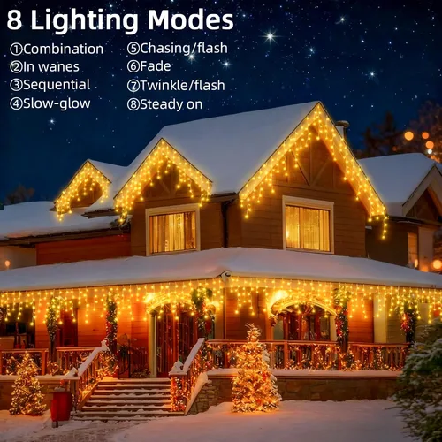 Vista 2 de Luces de Navidad de carámbano para exteriores - 200 LED 6.4+4.9 m 8 modos, cortina de luces de hadas en forma de guirnalda, enchufables
