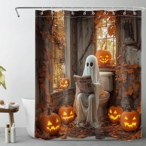 Vista 21 de LB Cortina de ducha de feliz Halloween para baño, flamenco rosa y calabaza naranja con sombrero mágico, cortina de ducha de tela con ganchos, juego