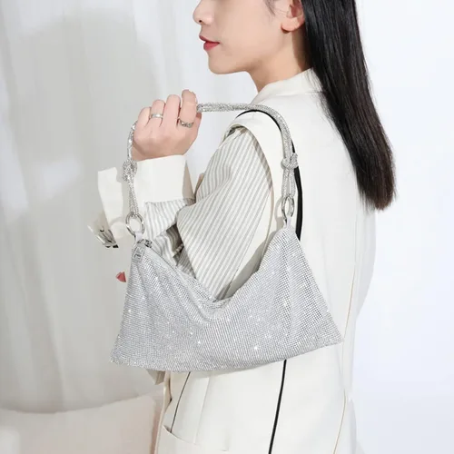 Vista 2 de Bolso de noche con diamantes de imitación, elegante y brillante para mujer, bolso de hobo brillante, bolso plateado brillante para boda, fiesta, club