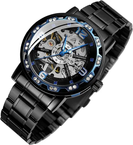 Vista 8 de Reloj de pulsera de esqueleto mecánico masculino de lujo con diseño real de diamantes de moda transparente