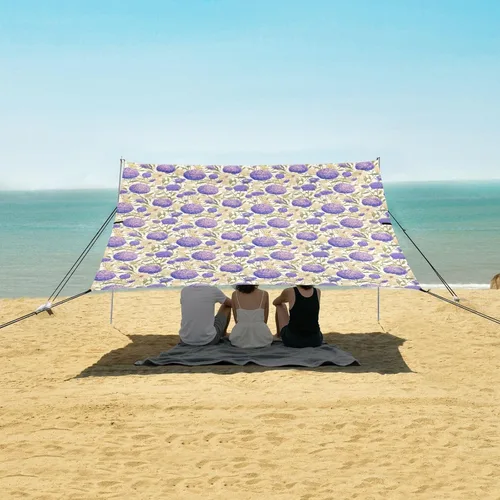 Vista 5 de Purple Celosia Flowers Stable Beach Tent UPF50+ Protection Waterproof Large Sun Shade with Sandbags & Sand Shovel for Family Travel