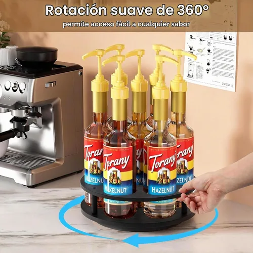 Vista 2 de THYGIFTREE Organizador giratorio de jarabe de café con 7 botellas, soporte de botellas de jarabe de madera para mostrador, soporte para barra