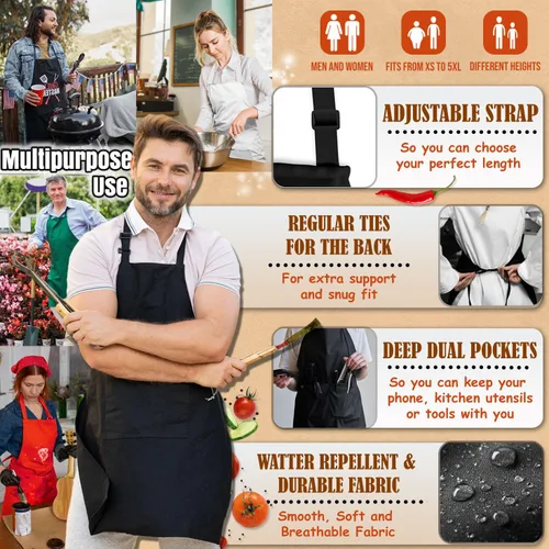Vista 8 de Delantales de chef Cocinar hornear a la parrilla para restaurante casero Delantales de cocina premium con doble bolsillo para hombres y mujeres