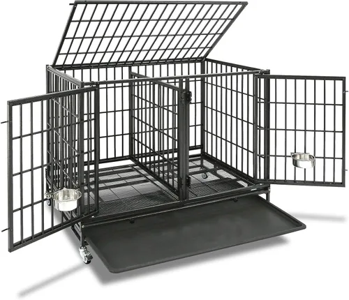 Vista 11 de Homey Pet Jaula apilable para perros de 36 pulgadas, resistente e indestructible, a prueba de escape, con 4 ruedas con bloqueo, bandeja extraíble