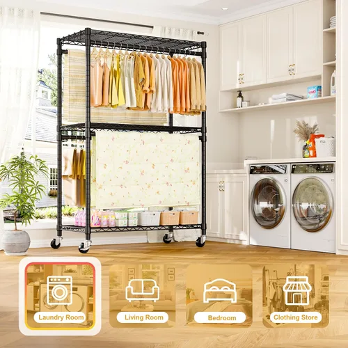 Vista 8 de ULIFHOME P5 Plus - Perchero resistente para colgar ropa, perchero de metal con ruedas, estante portátil de 3 niveles para armario de 45 pulgadas