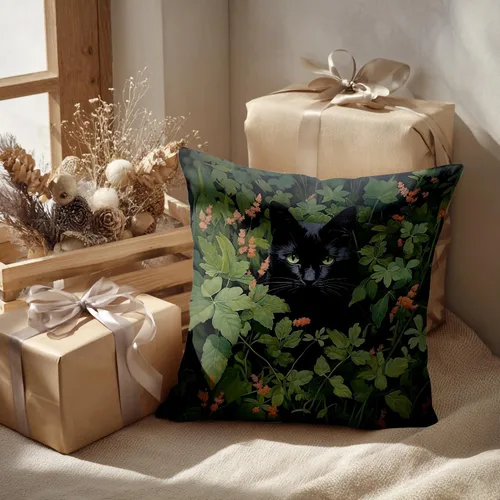 Vista 2 de Batmerry Fundas de almohada decorativas con estampado digital de hojas verdes y gatos negros con estampado digital para sofá, cama, cremallera