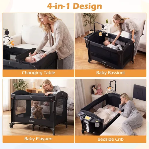 Vista 2 de INFANS Cuna 4 en 1 para bebé, convierte paquete y juego en cuna portátil con cambiador de pañales, colchón, bolsa de transporte, caja de música