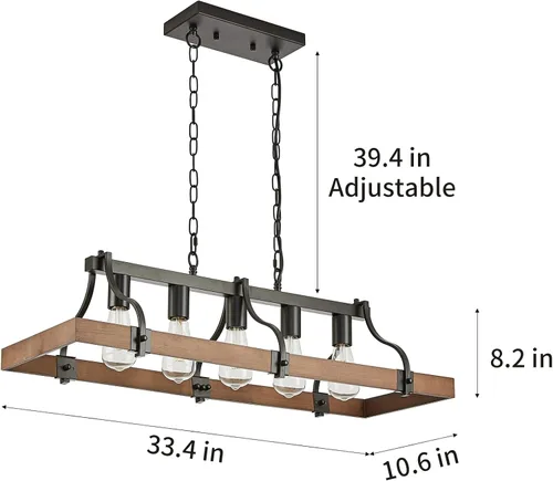 Vista 3 de Candelabros de granja para comedor, lámpara rústica de isla de cocina de 5 luces, techo rectangular industrial industrial negro