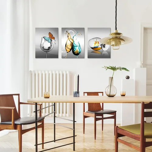 Vista 4 de LyerArtork 3 piezas de lienzo de cocina, arte de pared, copa de vino con mariposa, velero, impresión de imagen sobre fondo gris, pintura moderna