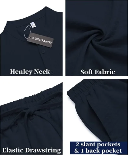 Vista 5 de COOFANDY Conjunto de 2 piezas de lino para hombre, camisas Henley casuales de manga corta, pantalones cortos de yoga para la playa, pantalones