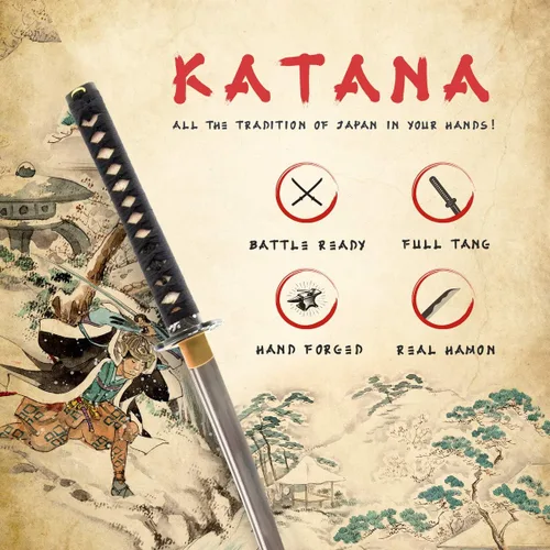 Vista 2 de Handmade Sword – Espada Samurai Katana, práctica, forjada a mano, acero al carbono 1045, templada al calor / arcilla, enredadera completa, afilada