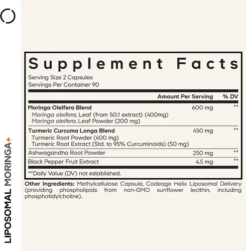 Vista 2 de Codeage Suplemento liposomal de moringa+, 400 mg de extracto de moringa 50:1 - cúrcuma, Ashwagandha, pimienta negra, suministro de 3 meses, polvo