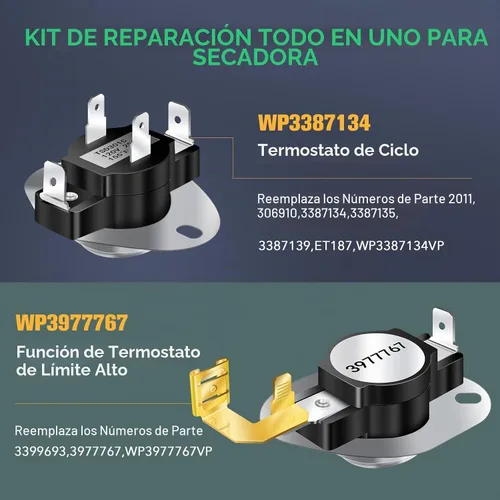 Vista 3 de 279838 Elemento calefactor de secadora, 3403585, 3387134 Termostato de ciclado, 3977767 Termostato de límite alto, 3977393 Interruptor de corte