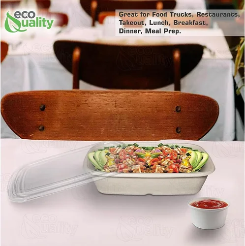 Vista 7 de EcoQuality Cuencos desechables de 29 onzas con tapas transparentes, cuencos rectangulares de papel biodegradable de fibra de caña de azúcar