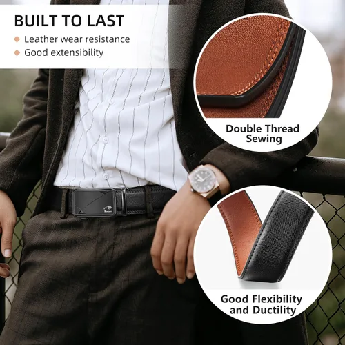 Vista 5 de Cinturón de trinquete para hombres,Cinturón de vestir de cuero genuino de 1 38 pulgadas con hebilla ajustable deslizante,Pantalones de hombre camisa