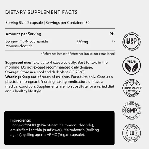 Vista 6 de PUROVITALIS NMN liposomal, suplemento de mononucleótido de nicotinamida de Longevir de 250 mg, NAD+ Boost para la salud celular, energía