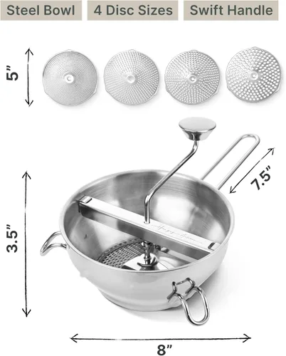 Vista 8 de Molinillo de Alimentos de Acero Inoxidable con 4 Discos Mejorado – Diseño Rotatorio Ergonómico para Salsa de Tomate, Puré de Manzana, Comida